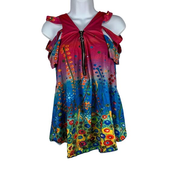 Colorful Sleeveless Cold Shoulder Top Front Zipper & Abstract Print Chicme S - Picture 1 of 6